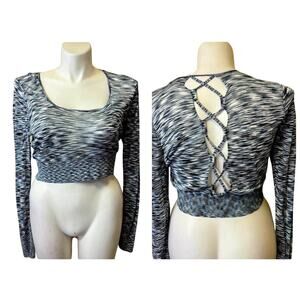 Express Sheer Mesh Long Sleeve Marbled Crop Top Open Lace Up Back Blue/Black XL